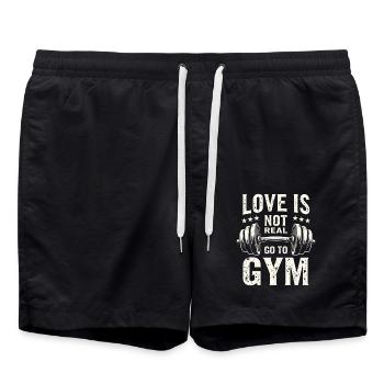 Love is not real – Go to Gym - Gym Spruch - Badeshorts - Schwarz - Vorne - AI Model Male 185 light (185cm)
