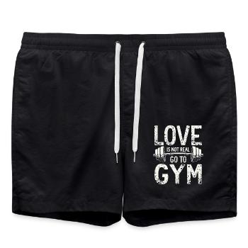 Love is not real – Go to Gym - Gym Spruch - Badeshorts - Schwarz - Vorne - AI Model Male 185 light (185cm)
