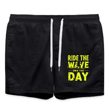 Surfer Ride the Wave – Own the Day Spruch - Badeshorts - Schwarz - Vorne - AI Model Male 185 light (185cm)