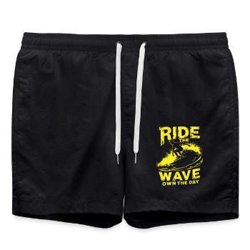 Surfer Ride the Wave – Own the Day Spruch - Badeshorts - Schwarz - Vorne - AI Model Male 185 light (185cm)