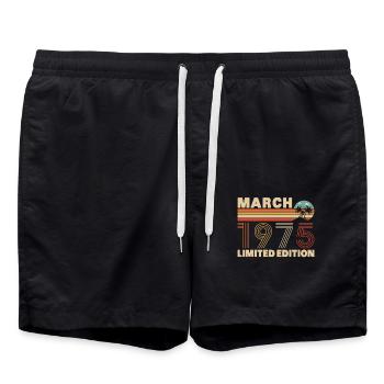 March 1975 Vintage Birthday Gift - Swim Trunks - black - Front - AI Model Male 185 light (185cm)