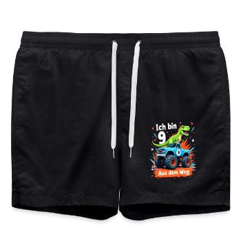 Dinosaur 9th Birthday Monster Truck - Swim Trunks - black - Front - AI Model Male 185 light (185cm)
