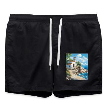 L’église chrétienne au bord de la mer en Grèce - Short de bain - noir - Devant - AI Model Male 185 light (185cm)