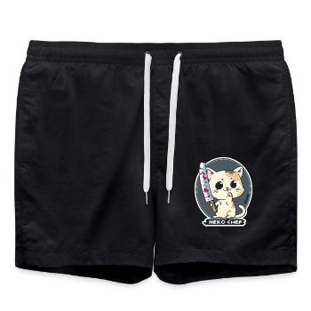 Neko Chef – Freche Katze mit Kochmesser - Badeshorts - Schwarz - Vorne - AI Model Male 185 light (185cm)