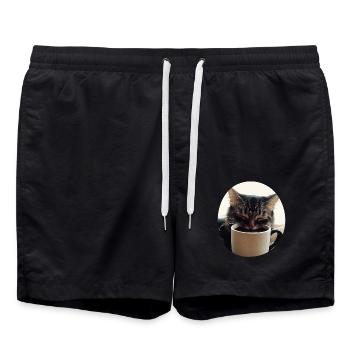 Sleeping cat with coffee cup - Swim Trunks - black - Front - AI Model Male 185 light (185cm)
