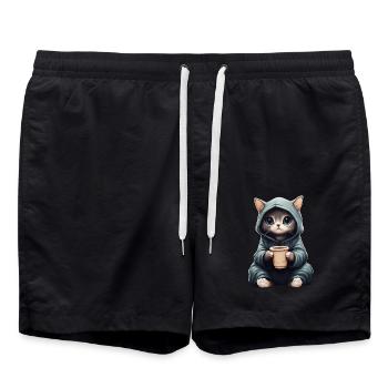 Cute: Cat in a hoodie with coffee - Swim Trunks - black - Front - AI Model Male 185 light (185cm)