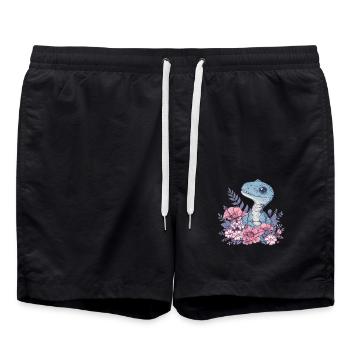 Velociraptor Dino in Blumenfeld - Badeshorts - Schwarz - Vorne - AI Model Male 185 light (185cm)