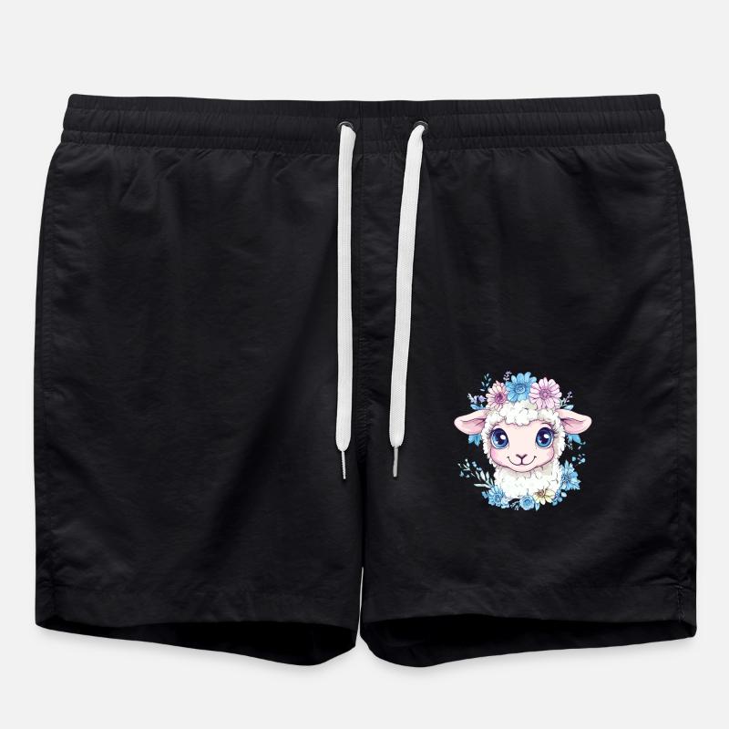 Flowery Sheep Cartoon - Swim Trunks - black