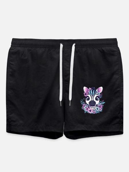 Zebra face with flowers - Swim Trunks - black
