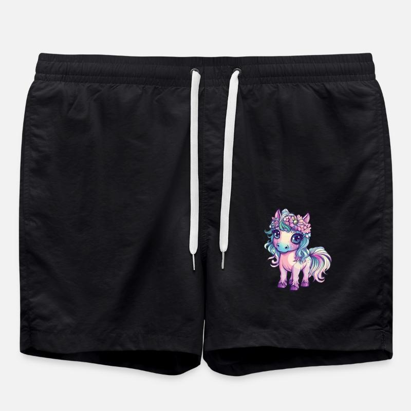 Regenbogenpony mit Blumen - Badeshorts - Schwarz
