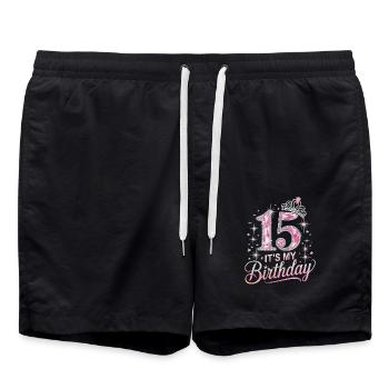 15th Birthday Crown Star Glitter Design - Swim Trunks - black - Front - AI Model Male 185 light (185cm)