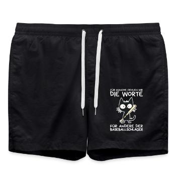 Schwarze Katze mit frechem Spruch & Schläger - Badeshorts - Schwarz - Vorne - AI Model Male 185 light (185cm)