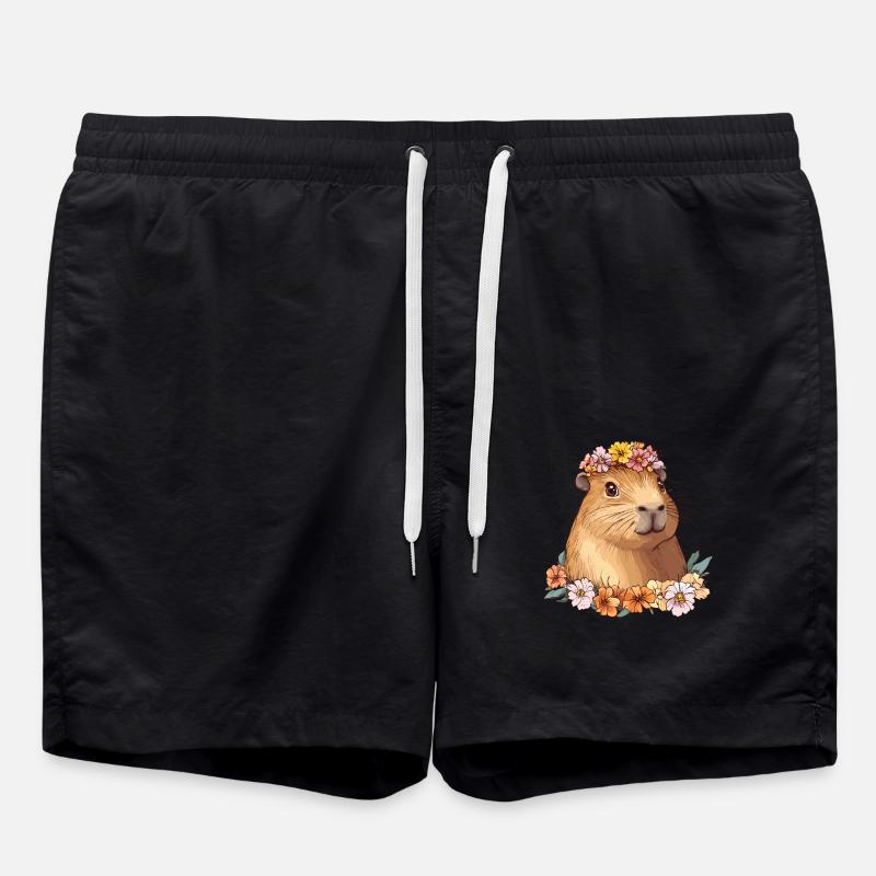 Süßes Capybara mit Blumen - Badeshorts - Schwarz