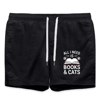 Bücher und Katzen Motiv Leseratte - Badeshorts - Schwarz - Vorne - AI Model Male 185 light (185cm)