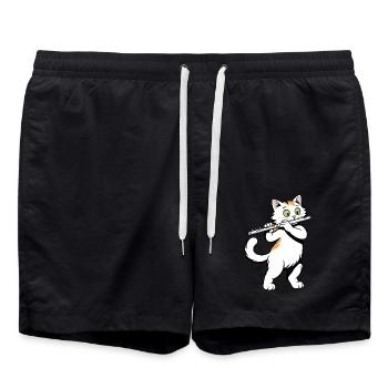 Cat plays flute - Swim Trunks - black - Front - AI Model Male 185 light (185cm)