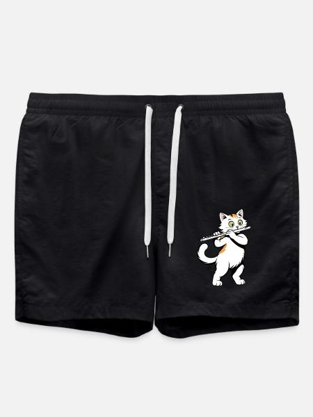 Cat plays flute - Swim Trunks - black