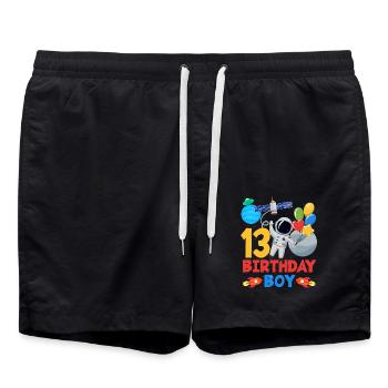13 Birthday Boy Astronaut Space - Swim Trunks - black - Front - AI Model Male 185 light (185cm)