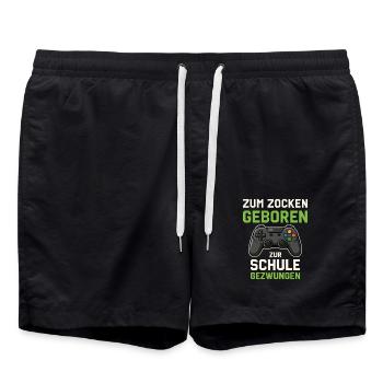 Zum Zocken geboren – Zur Schule gezwungen - Badeshorts - Schwarz - Vorne - AI Model Male 185 light (185cm)