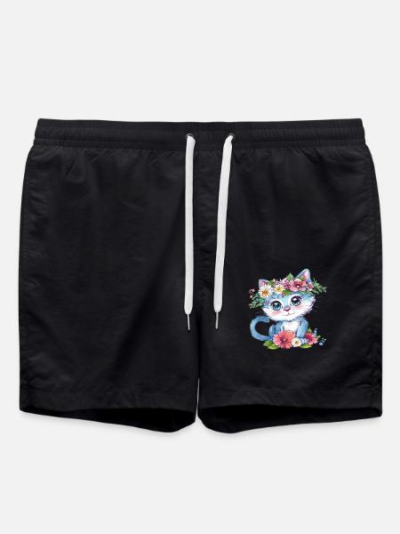 Blumenkatze im Kranz - Badeshorts - Schwarz