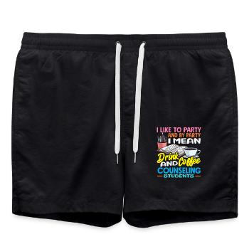 I like partying, drinking, coffee, school counsellor - Swim Trunks - black - Front - AI Model Male 185 light (185cm)