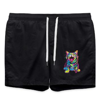Chat coloré avec des écouteurs dans un style rétro - Short de bain - noir - Devant - AI Model Male 185 light (185cm)