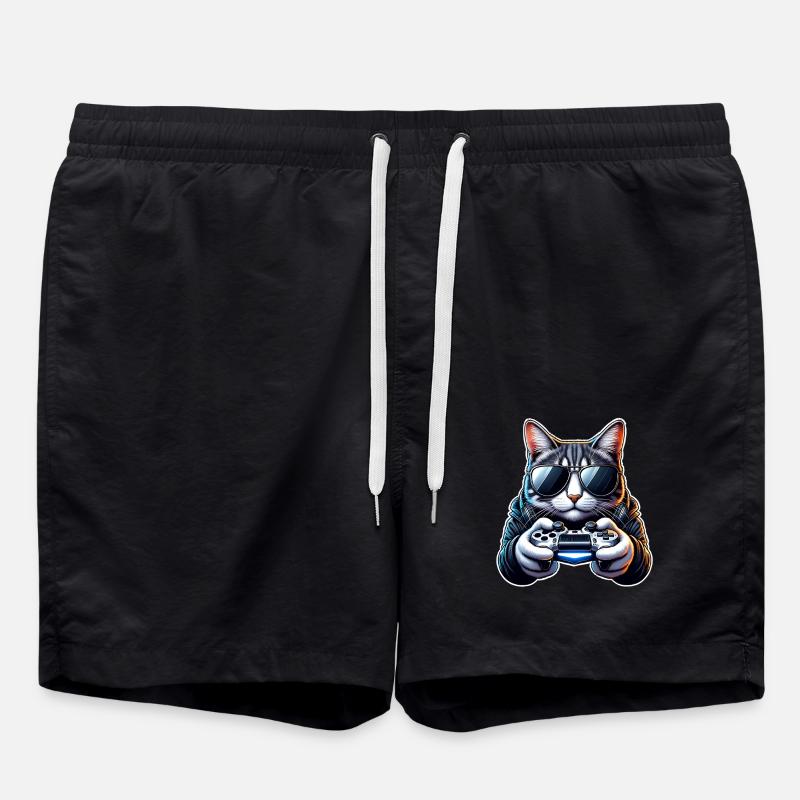 Cat Gamer Gaming Nerd - Swim Trunks - black