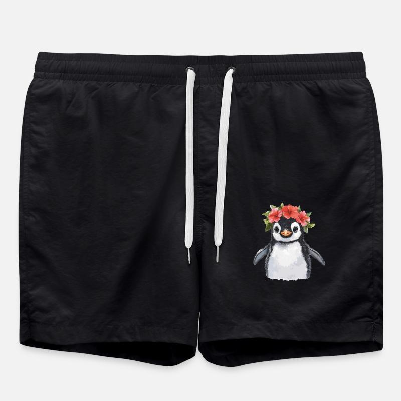 Pinguin mit Blütenkranz - Badeshorts - Schwarz