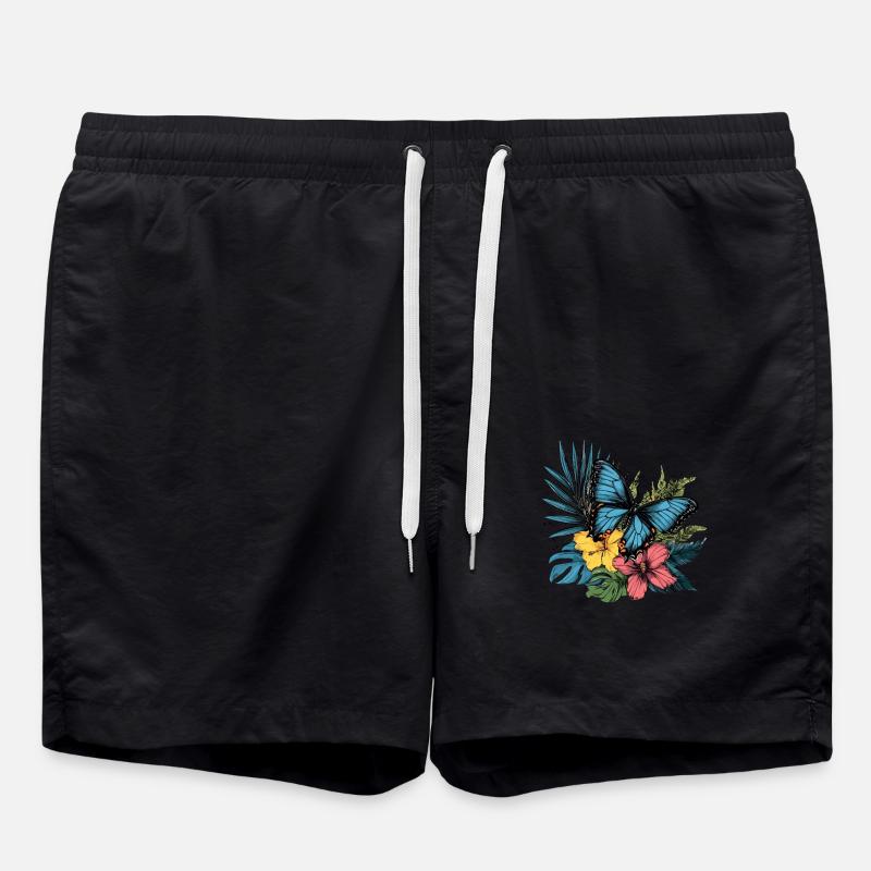 Tropical Butterfly with Flowers - Swim Trunks - black