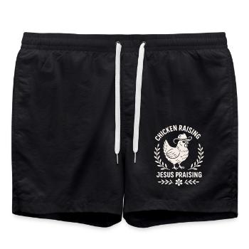 Chickens Holding Jesus Praising Cowboy Humor - Swim Trunks - black - Front - AI Model Male 185 light (185cm)