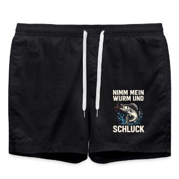 Nimm mein Wurm – Freches Angelmotiv - Badeshorts - Schwarz - Vorne - AI Model Male 185 light (185cm)