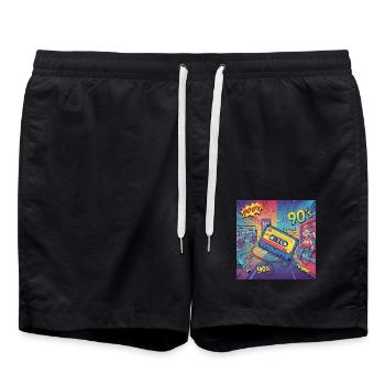 90s vibes: comic cassette in retro look - Swim Trunks - black - Front - AI Model Male 185 light (185cm)