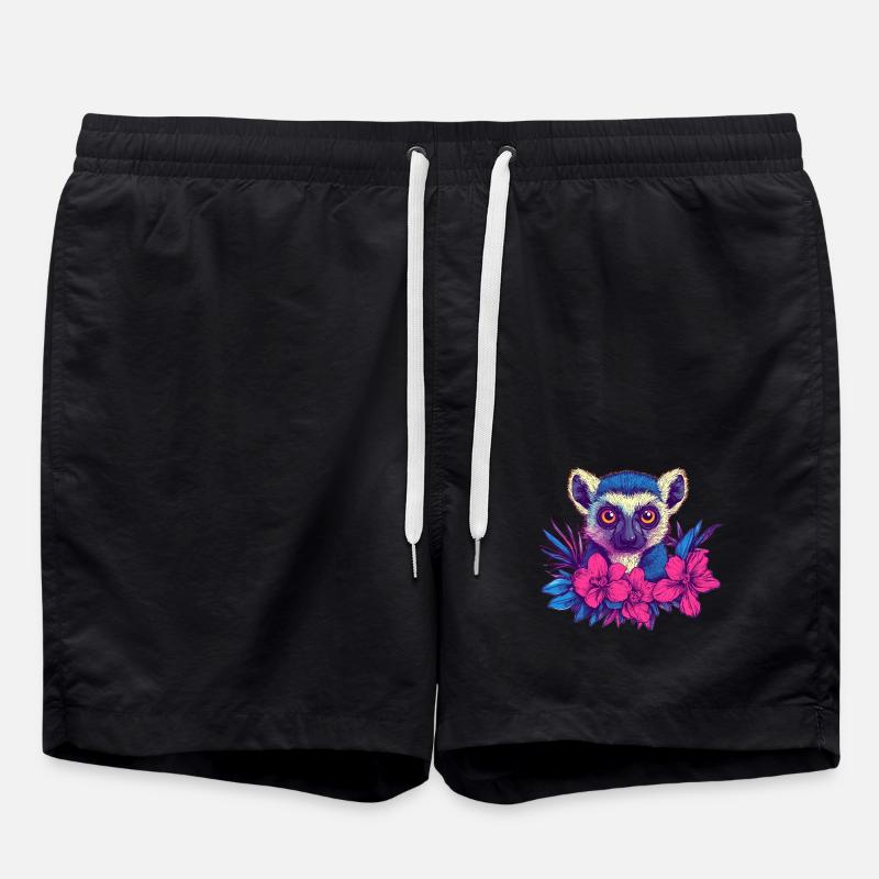 Lemur mit Tropenblumen - Badeshorts - Schwarz