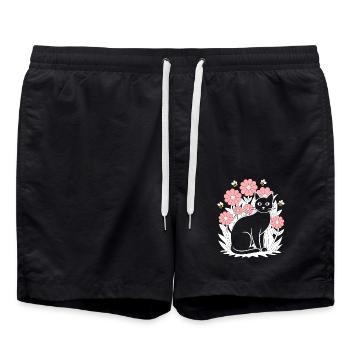 Cottagecore Idylle : Chat noir avec des fleurs et - Short de bain - noir - Devant - AI Model Male 185 light (185cm)