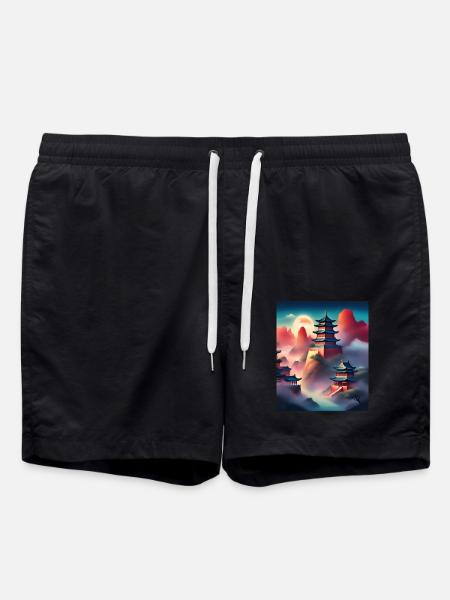 Japanese castles on mountains - Swim Trunks - black