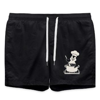 Cheerful penguin chef chef at the stove - Swim Trunks - black - Front - AI Model Male 185 light (185cm)