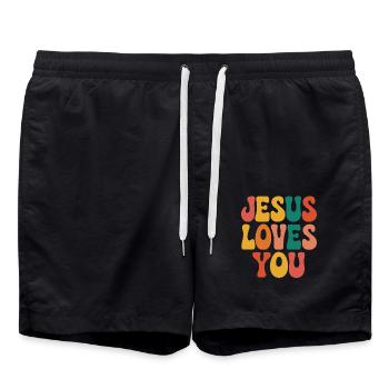 Jesus Liebt Dich Christen Spruch - Badeshorts - Schwarz - Vorne - AI Model Male 185 light (185cm)