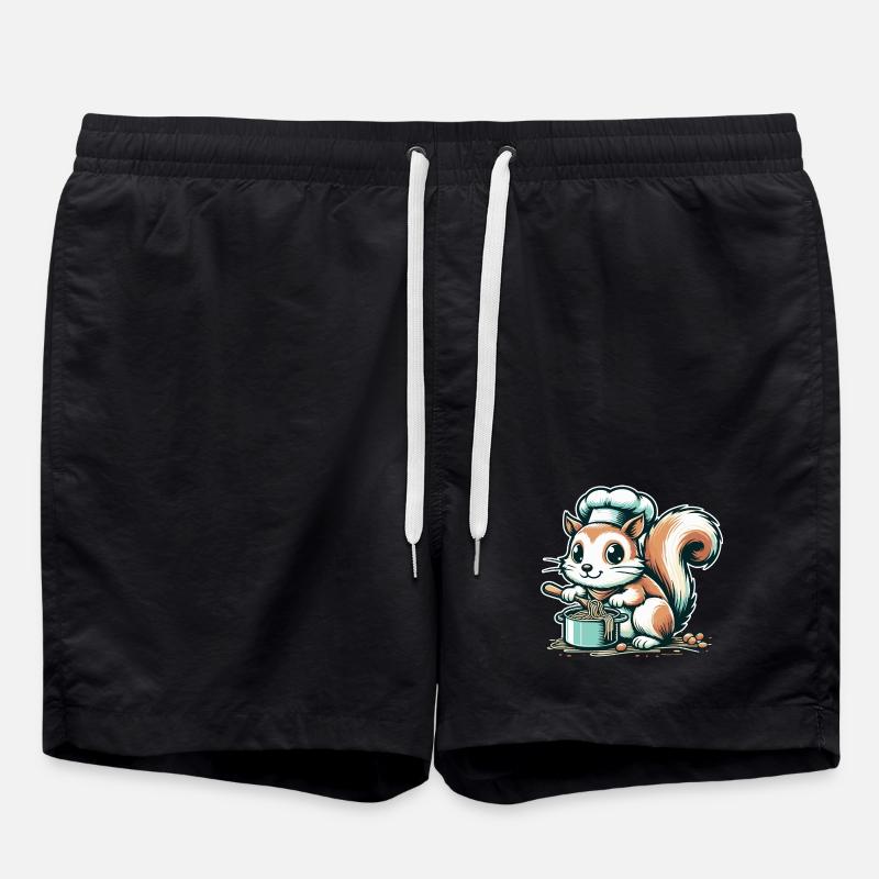 Cute cartoon squirrel cooking spaghetti - Swim Trunks - black