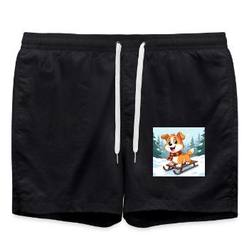 Happy cartoon dog on sled - Swim Trunks - black - Front - AI Model Male 185 light (185cm)