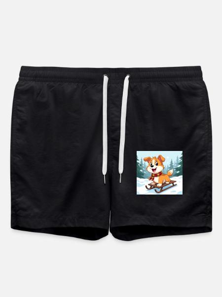 Happy cartoon dog on sled - Swim Trunks - black