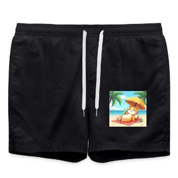 Cat on the beach in the sun with drink - cartoon - Swim Trunks - black - Front - AI Model Male 185 light (185cm)
