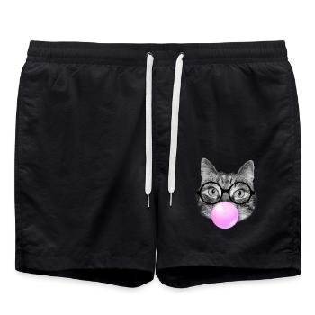 Cat wearing reading glasses and pink bubble gum - Swim Trunks - black - Front - AI Model Male 185 light (185cm)