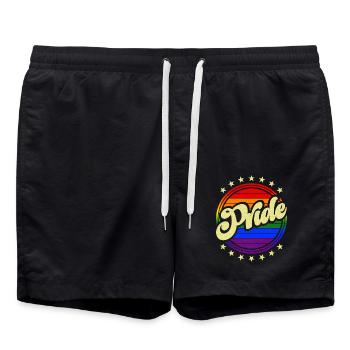 Pride Design Vintage LGBT Regenbogen Kreis & Sterne - Badeshorts - Schwarz - Vorne - AI Model Male 185 light (185cm)
