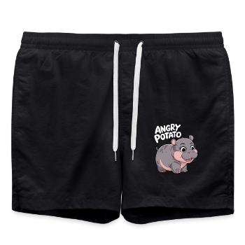 Moo Deng Funny Hippopotamus 'Angry Potato' - Swim Trunks - black - Front - AI Model Male 185 light (185cm)