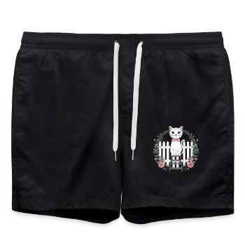 Cottagecore Katze mit Blumen und Zaun - Badeshorts - Schwarz - Vorne - AI Model Male 185 light (185cm)