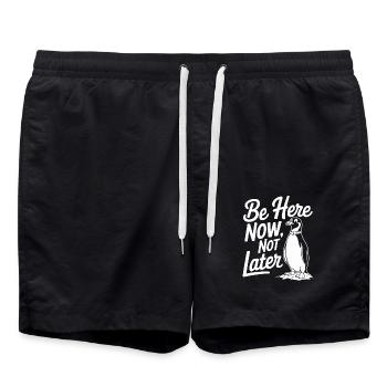 Don't be late here motif with penguin - Swim Trunks - black - Front - AI Model Male 185 light (185cm)