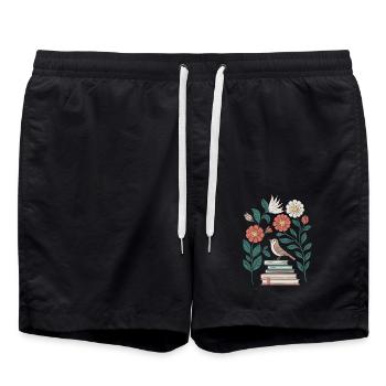 Cottagecore : Oiseaux et fleurs sur les livres - Short de bain - noir - Devant - AI Model Male 185 light (185cm)