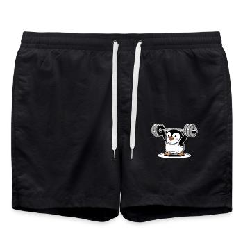 Penguin Lifting Weight Funny Sport Cartoon - Swim Trunks - black - Front - AI Model Male 185 light (185cm)