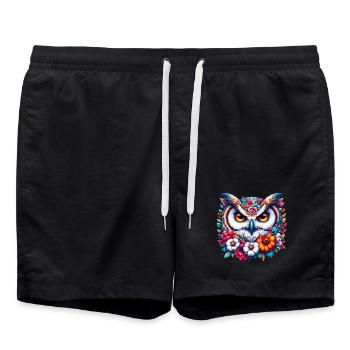 Owl decorated with flowers - Swim Trunks - black - Front - AI Model Male 185 light (185cm)