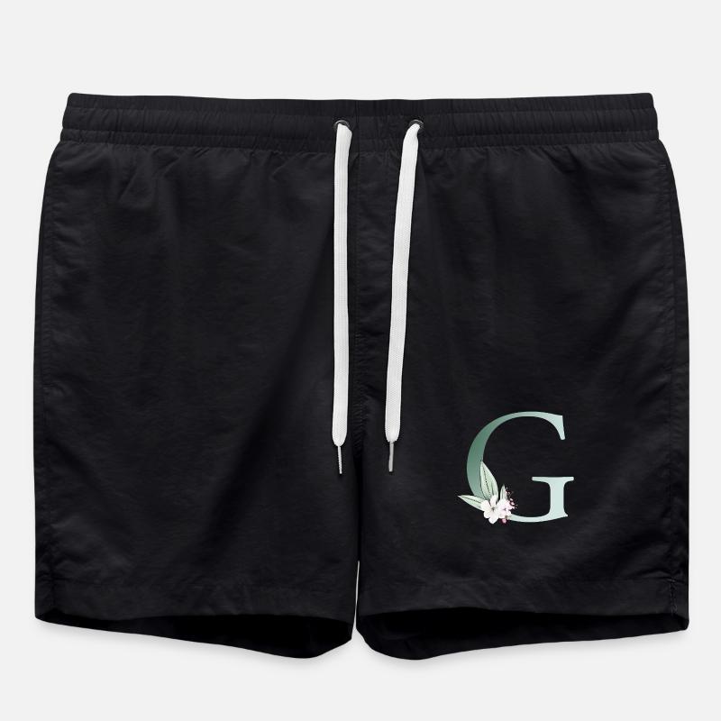G Monogram, Floral, Personalizable - Swim Trunks - black