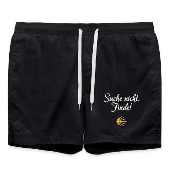 Suche nicht. Finde! | Jakobsweg, Pilger, Santiago - Badeshorts - Schwarz - Vorne - AI Model Male 185 light (185cm)